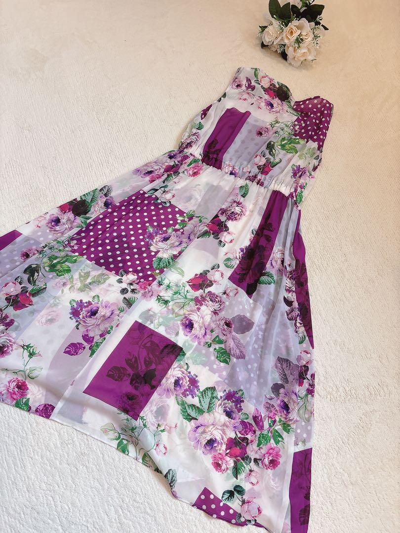 【イクコ】IKUKOノースリーブ シアーワンピース 紫花柄 ロング丈 サイズ2