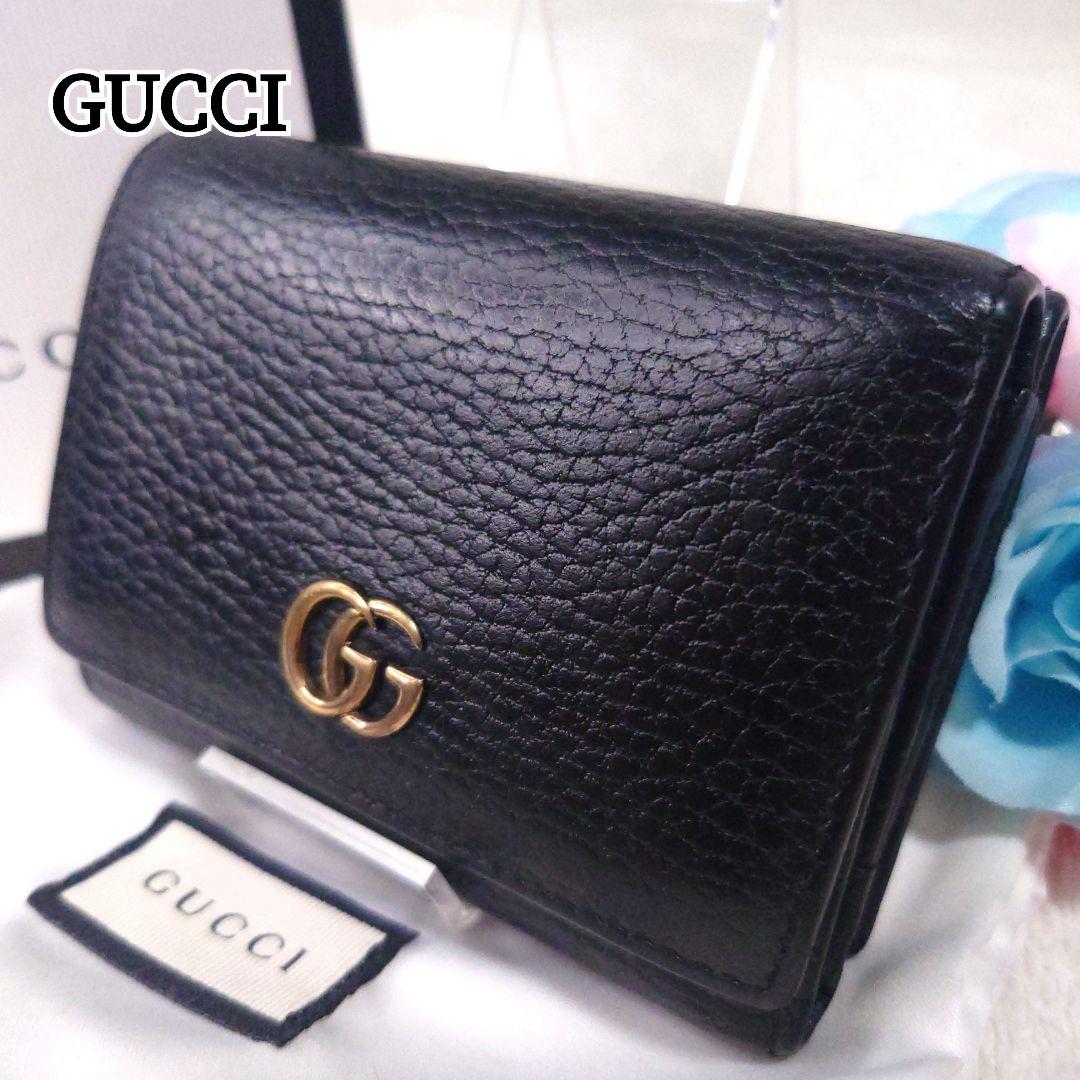 グッチ 3つ折り財布 GGマーモント シュリンクレザー 黒 ゴールド金具 グッチ 3つ折り財布 GGマーモント シュリンクレザー 黒 ゴールド金具