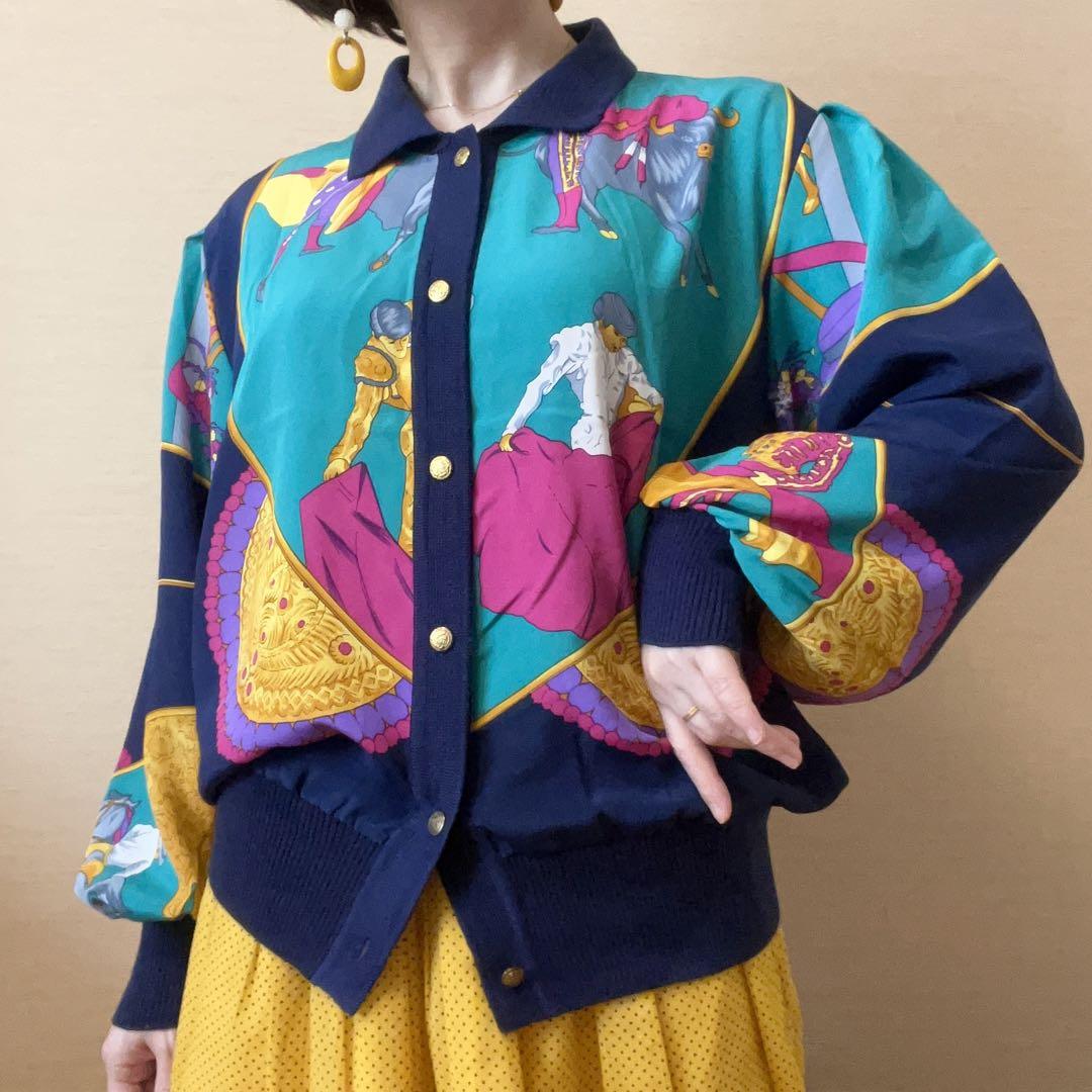 希少 異素材 紺 水色 ピンク 闘牛士柄 カーディガン vintage 一点物