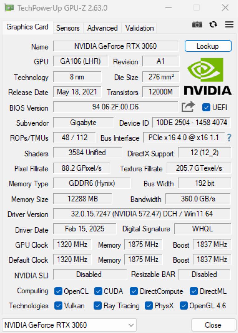 グラフィックボード・グラボ・ビデオカード GIGABYTE GeForce RTX 3060 GAMING OC 12G