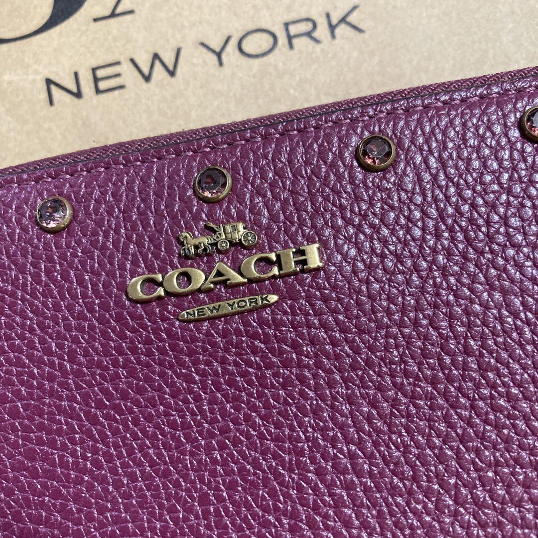 COACH 長財布 紫 レザー コーチ ビジュー ラウンド 正規品 小物