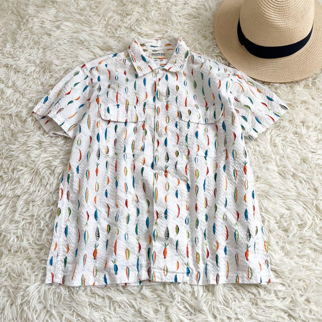 BEAMS BOY ビームスボーイ　ルアープリント 開襟シャツ　シアサッカー半袖