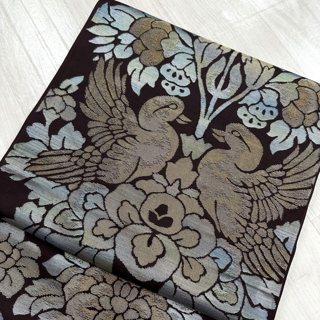 袋帯 美品 名品 向かい鳥 花丸文 金銀糸 箔 灰色 六通 正絹