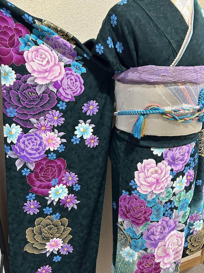 振袖 5点セット 深緑色 花柄 正絹着物 成人式 前撮り