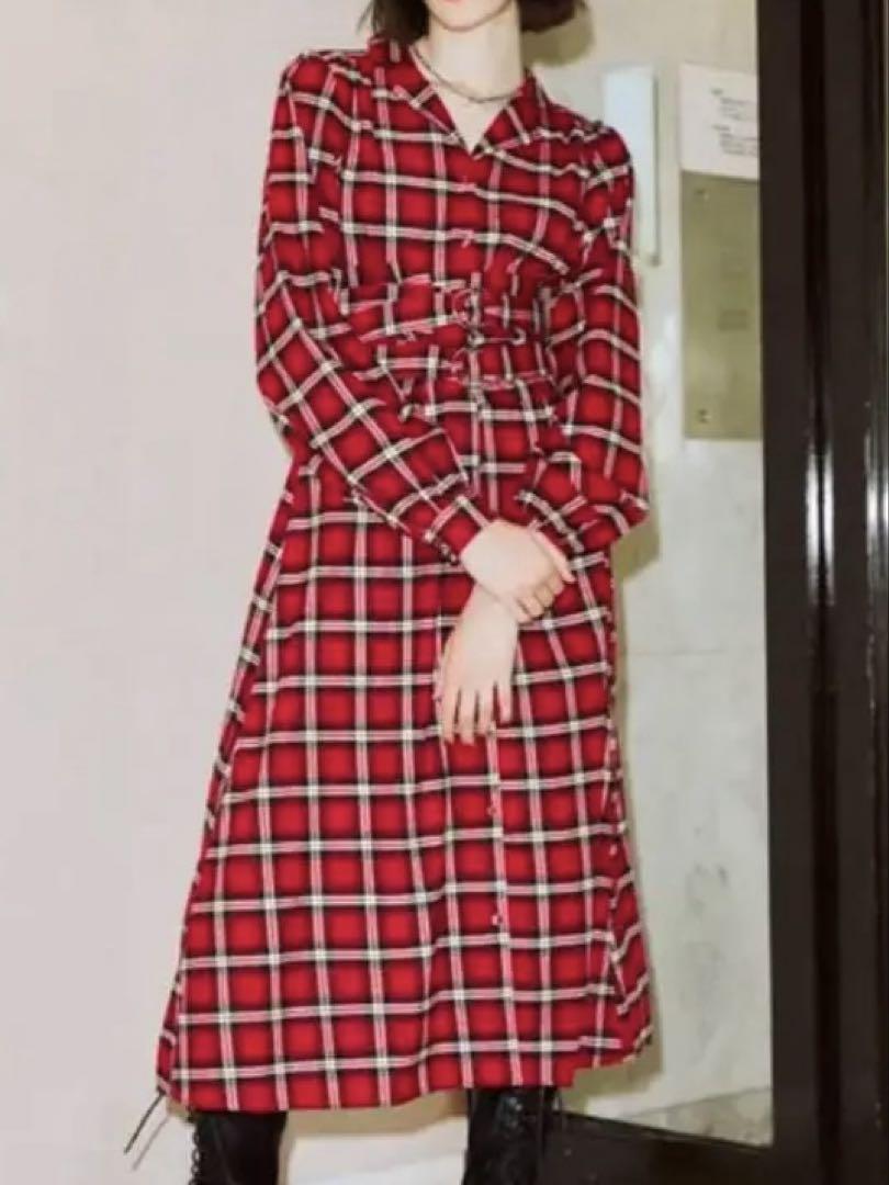 【ジュエティ】Jouetie チェック ベルト ワンピース レッド M