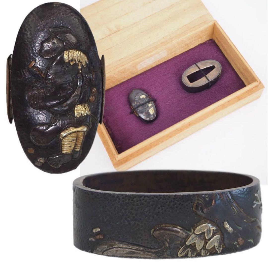 B-46 縁頭　金象嵌　武具　刀装具　時代物　アンティーク　美術品　工芸品 送料無料 江戸時代 金銀象嵌 縁頭 刀装具 木箱付 検/刀剣美術刀装具