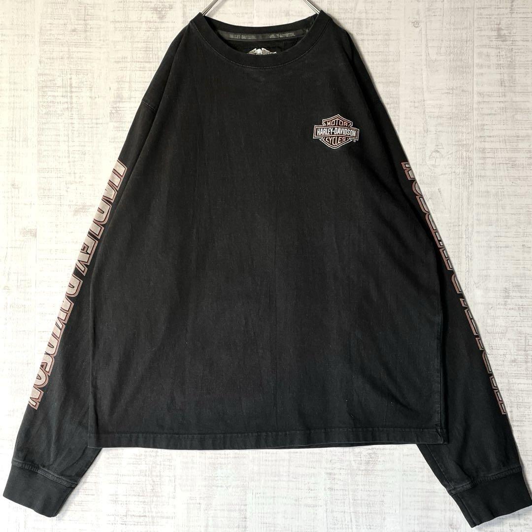 ハーレーダビッドソン 長袖Tシャツ ロンT 両袖プリント ロゴ刺繍 黒 L