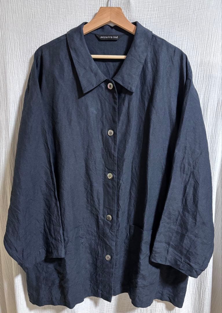 mizuiro ind リネンワイドワイドワークシャツ　ブラック　FREEサイズ