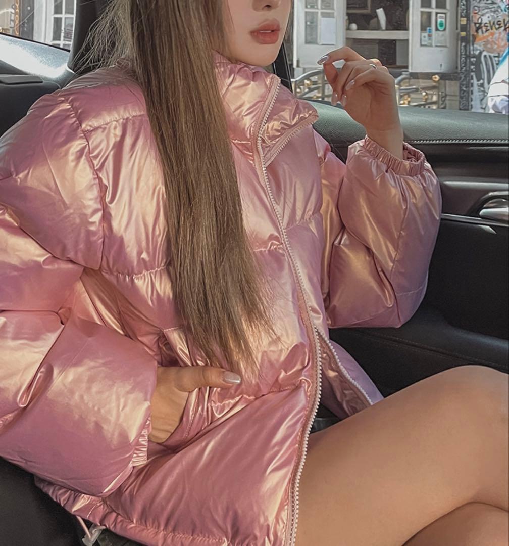 u lan ダウン　ピンク　コート　ショート丈　メタリック中綿ジャンパー