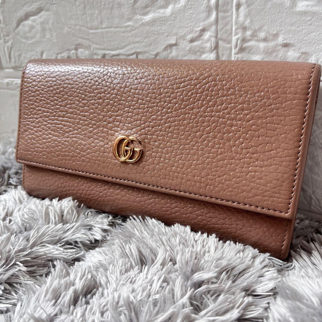 GUCCI✨長財布　マーモント　シボ革　フラップ　ベージュ　ロゴ金具　レディース