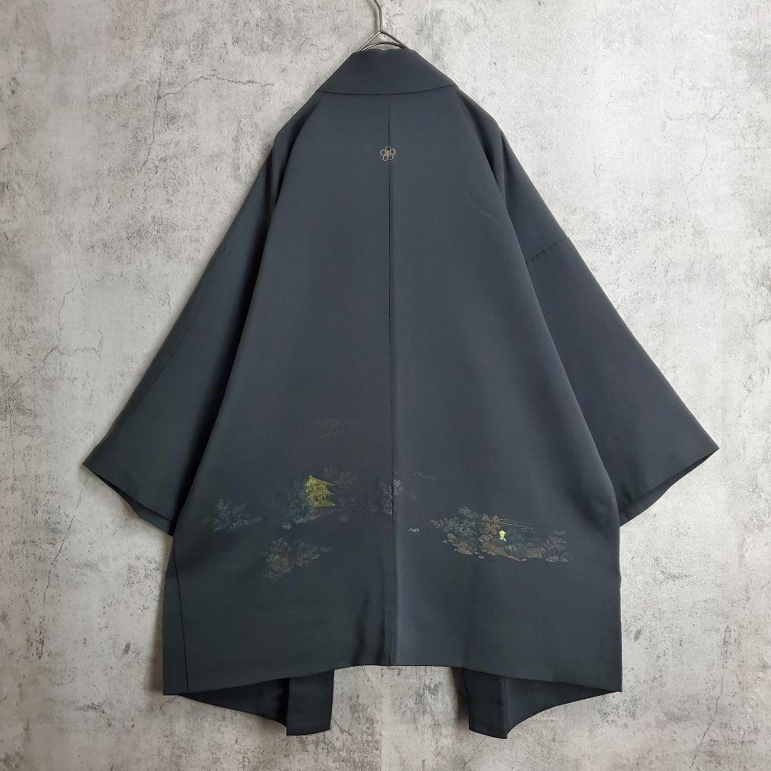 【ヴィンテージ】古着 羽織 着物カーディガン モード 和柄 黒 緑 レトロ