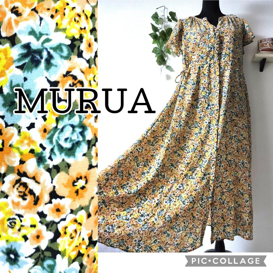 【新品】ムルーア 小花柄ウエストリボンワンピース　Aライン　オレンジ