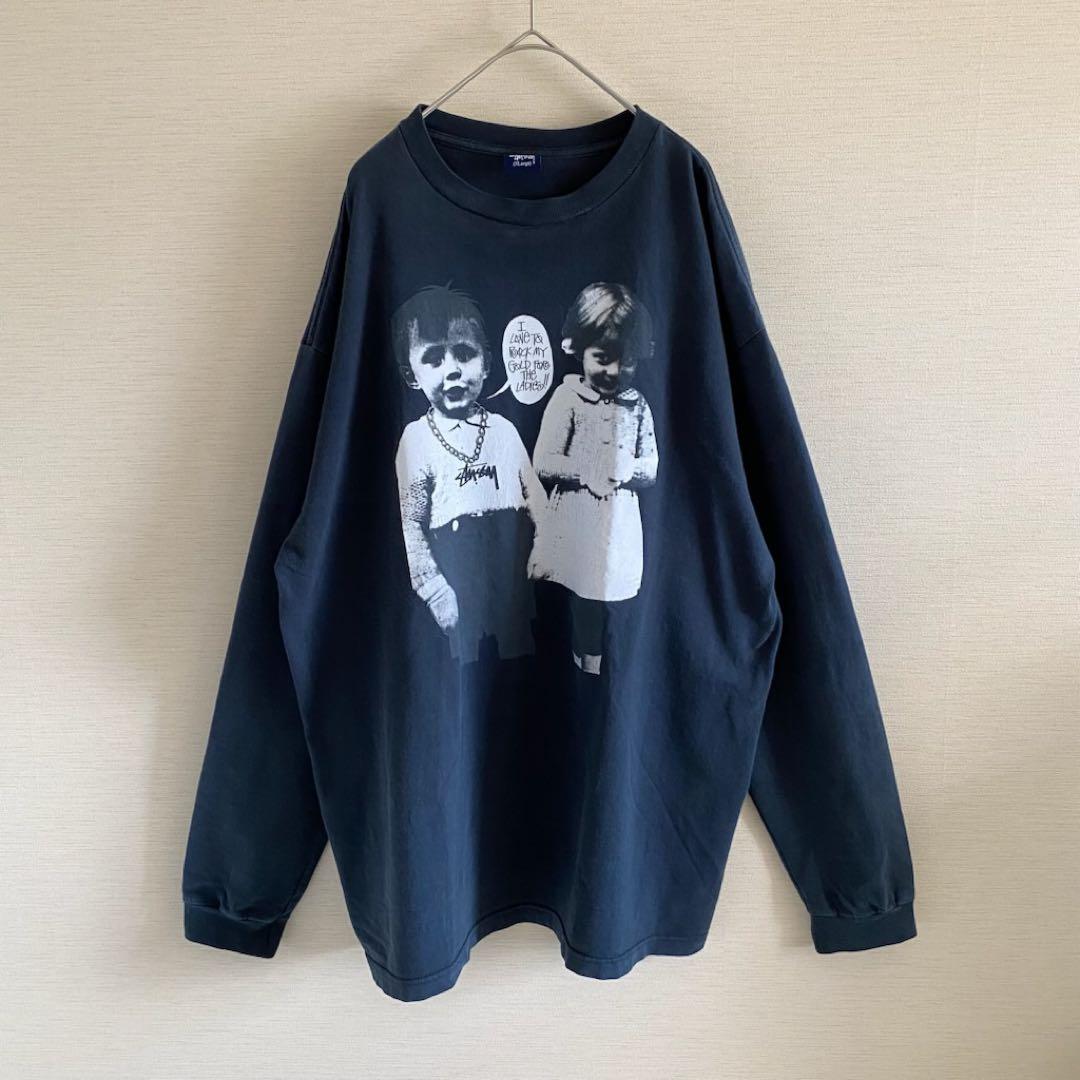 90s OLD STUSSY 紺タグ キッズフォトプリント ロンT 長袖 XL