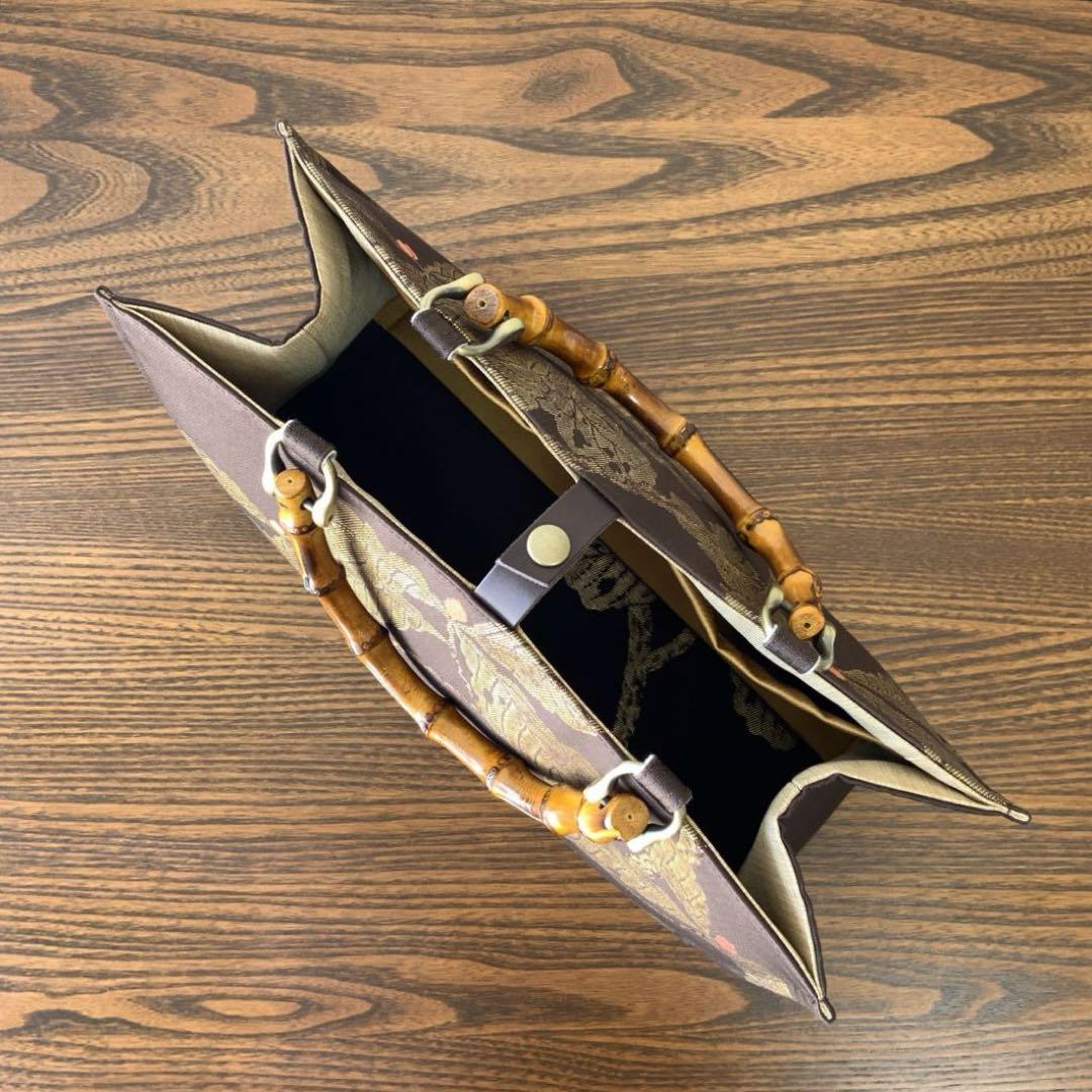 焦茶に金糸きらめく葉文の帯 リメイク バンブーハンドルバッグ