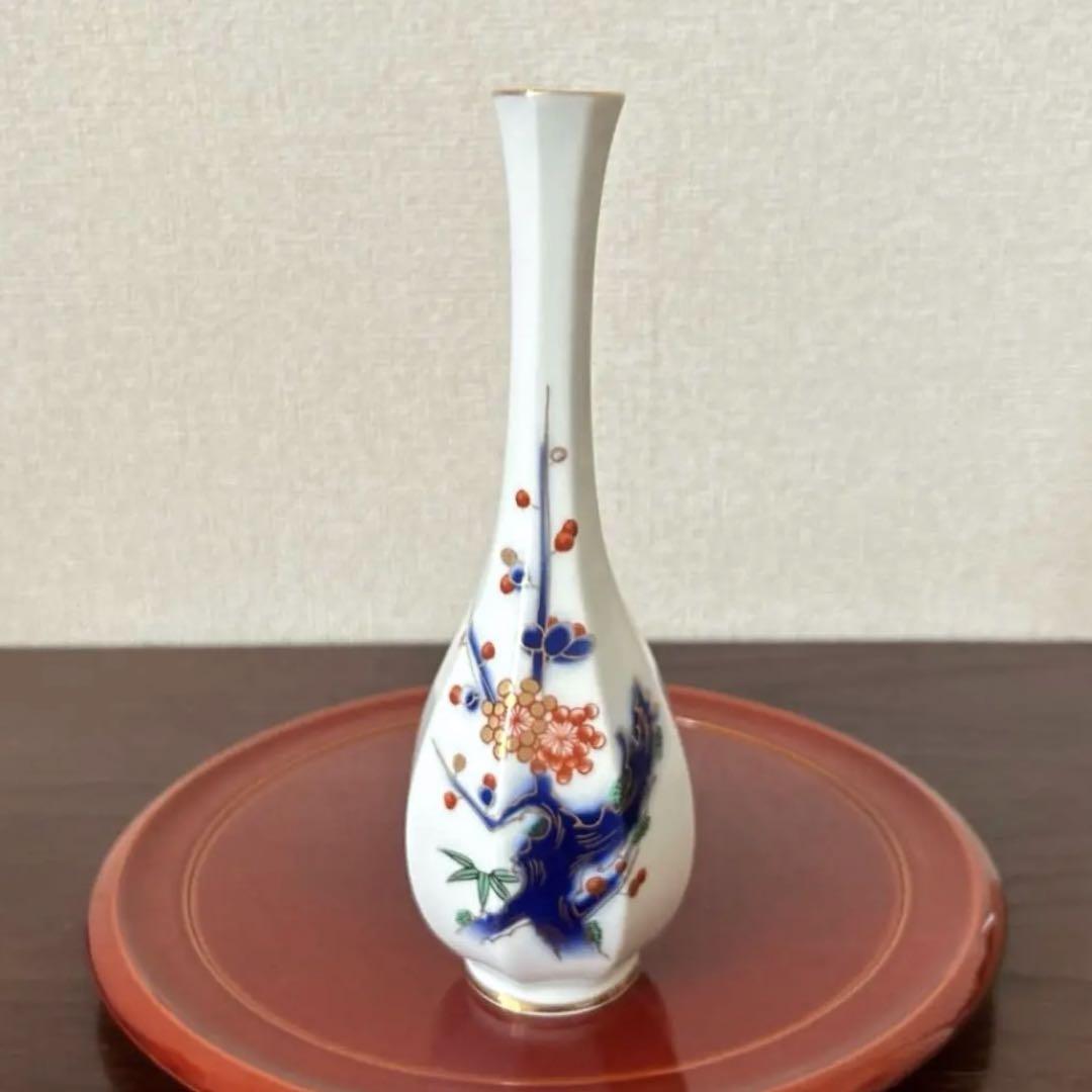 深川製磁/宮内庁御用達金彩岩梅一輪挿し花瓶鶴首
