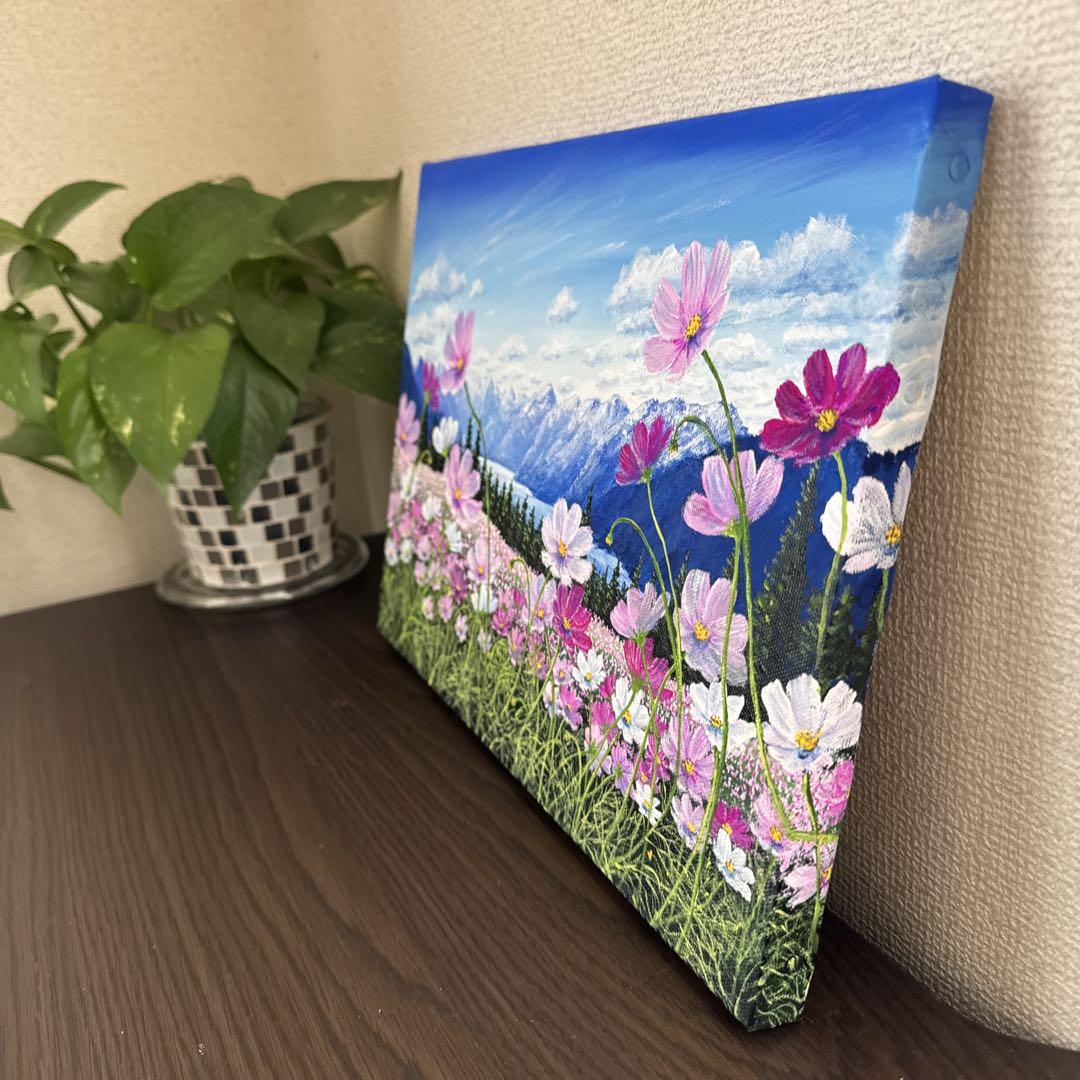 絵画　原画　風景画　肉筆　キャンバス　F4『湖が見えるコスモス畑』