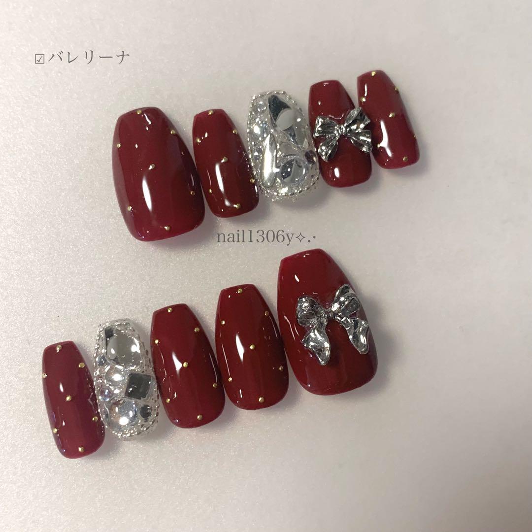 12))フレンチガーリー ネイルチップ ストーン リボン ボルドーネイル 派手