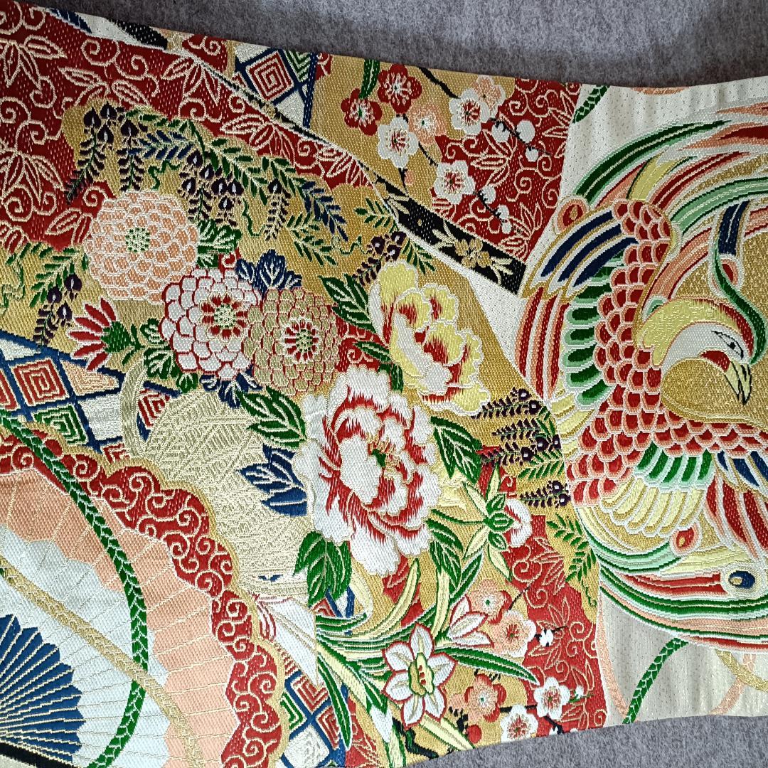 ◆1028◆セミアンティーク　全通　丸帯　百花に鳳凰　正絹　着物帯
