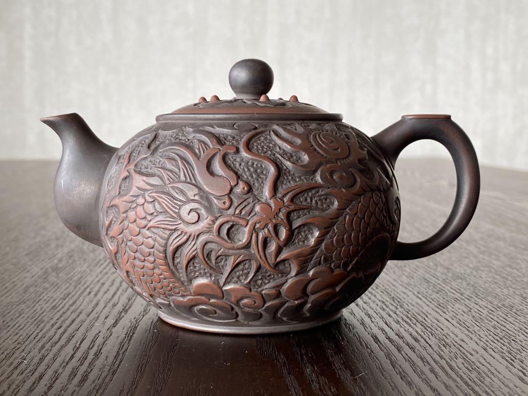 中国古玩　煎茶茶道具　台湾宜龍　紫砂茶壺　彫刻された龍鳳の　急須　台湾購入 5,452円