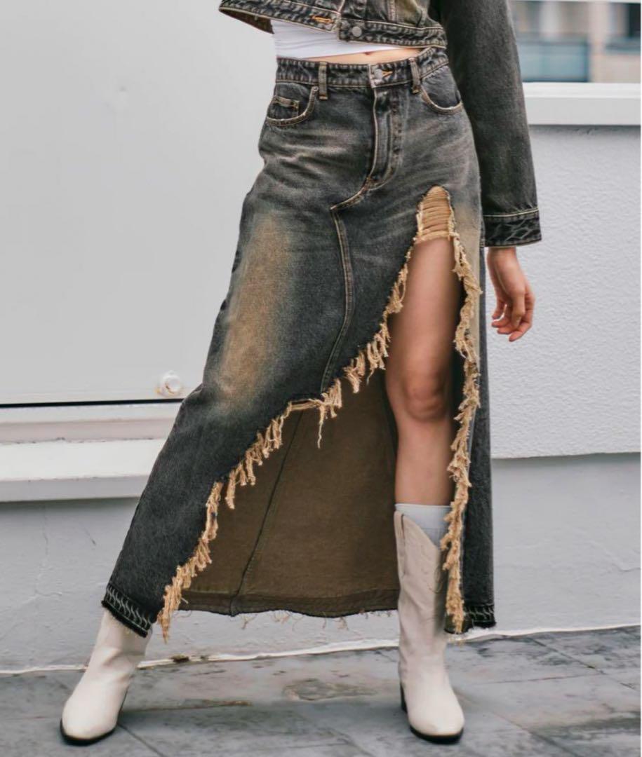 aclent Vintage damage denim long skirt