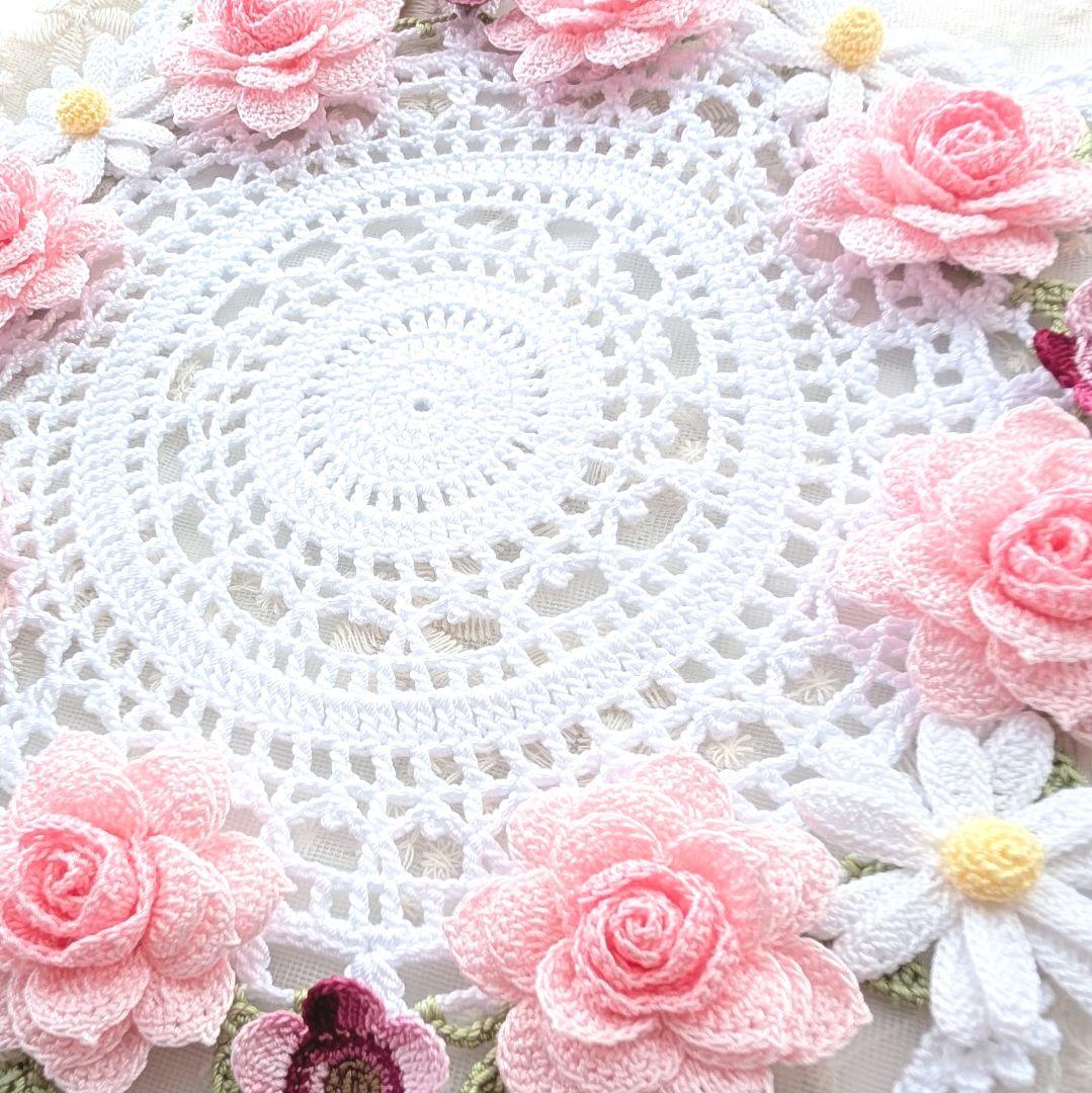 薔薇のお花モチーフ付きドイリー(パステルピンク系)ハンドメイドレース編み