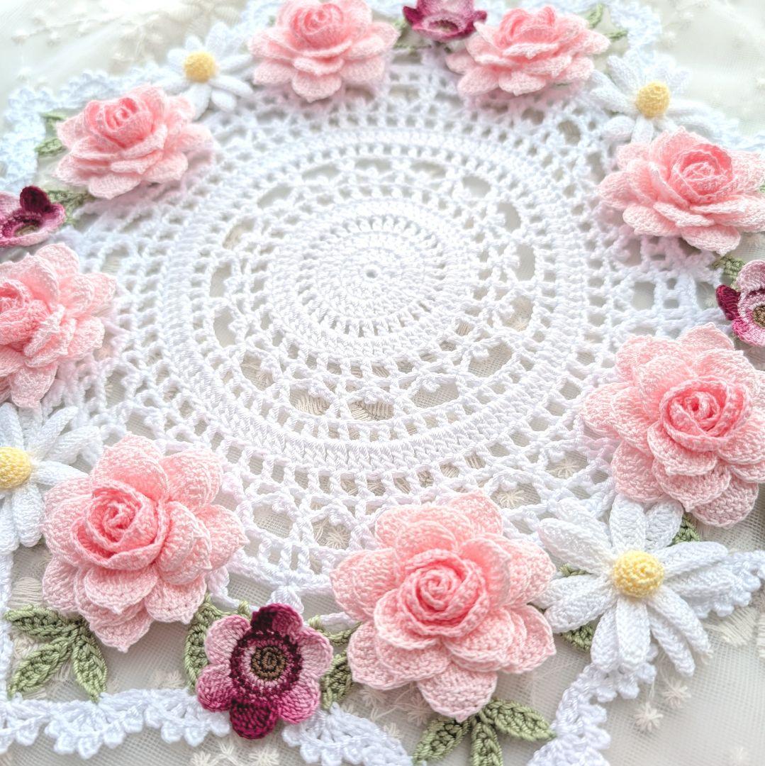 薔薇のお花モチーフ付きドイリー(パステルピンク系)ハンドメイドレース編み