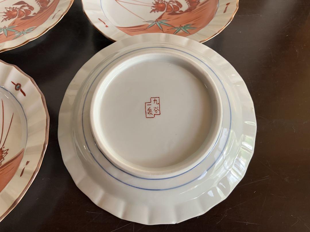 九谷焼銘々皿　赤絵花紋色彩絵　4枚セット 明治期 九谷焼 色絵 花鳥図 約16cm 5.1寸 細かな彩色が美しい中