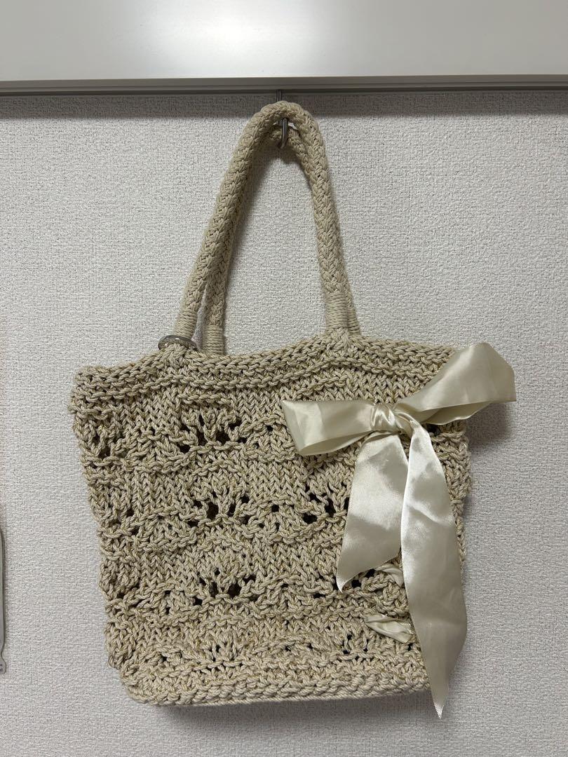 ベージュ 編み物 ハンドバッグ リボン付き カゴバッグ