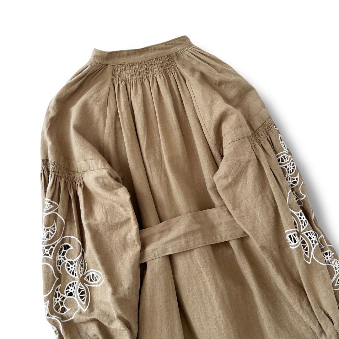 マーラカランコエ リネンコットン レース ワンピース ウエストリボン ロング S マーラカランコエ リネンコットン レース ワンピース ウエストリボン ロング S