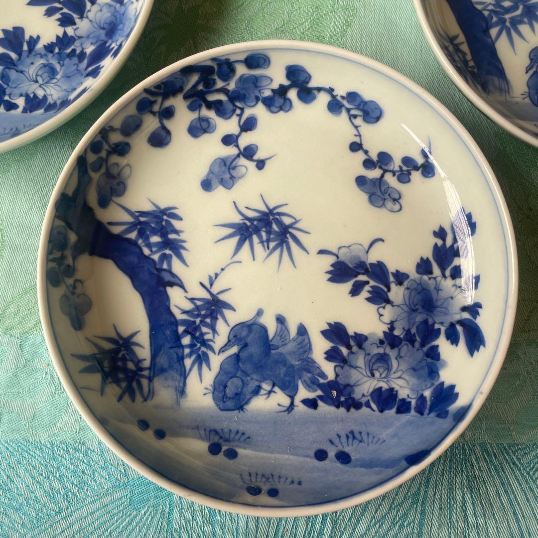 幕末明治　吉祥紋様　青い花と鳥のデザイン皿　5客
