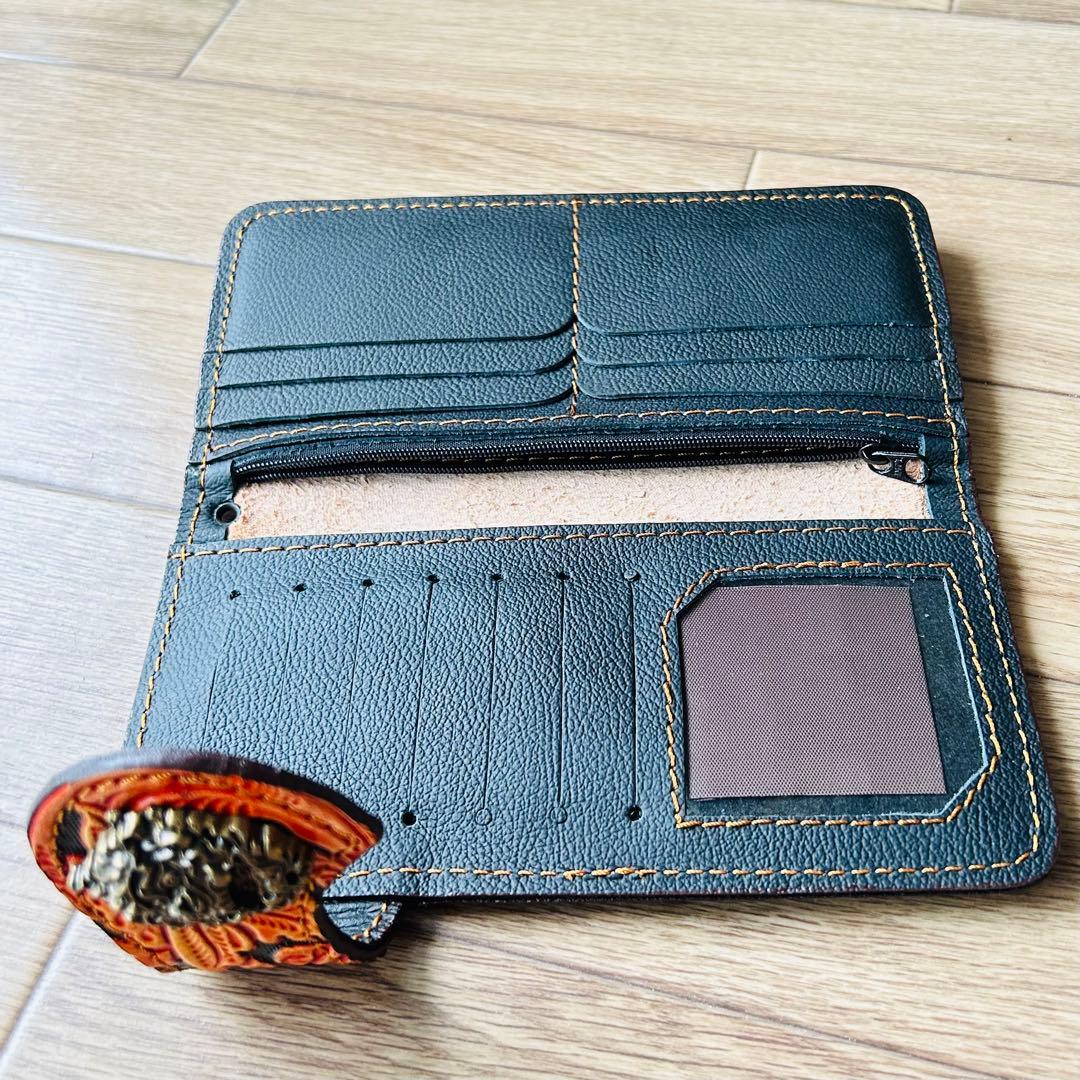 レザー長財布 花柄 レリーフ加工 チェーン付き　バイカーズウォレット　used レザー長財布 花柄 レリーフ加工 チェーン付き バイカーズ