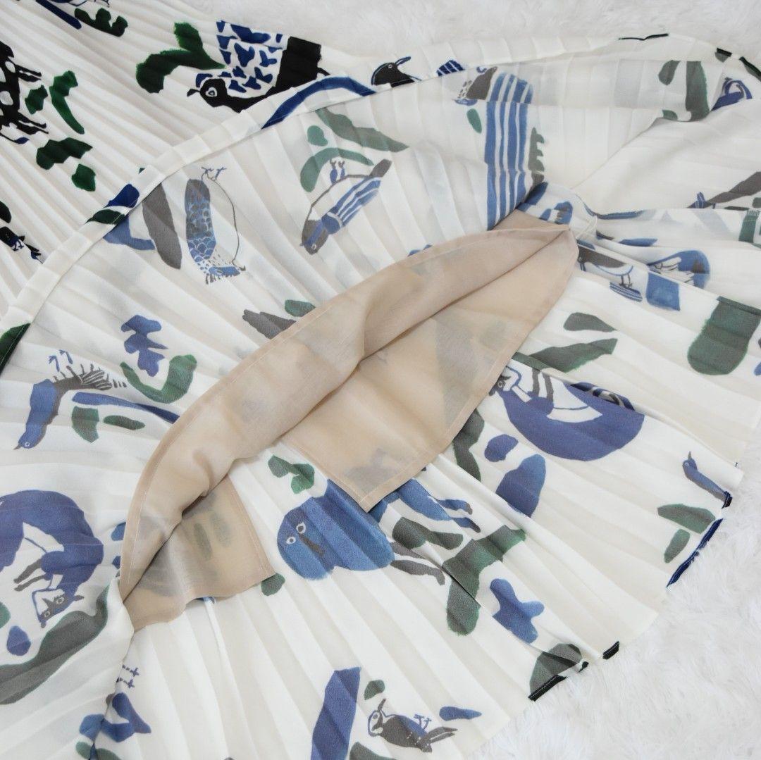 タロウホリウチ プリントプリーツスカート M 白 ロング丈 動物 抽象プリント タロウホリウチ プリントプリーツスカート M 白 ロング丈 動物 抽象プリント