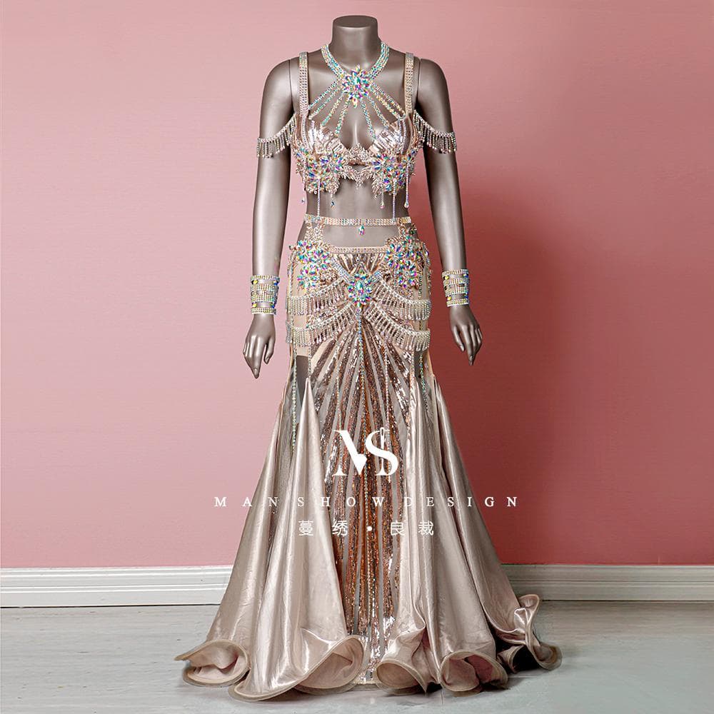 ゴールド ダンスドレス シャンパンゴールド高級ベリーダンス競技用舞台衣装セット