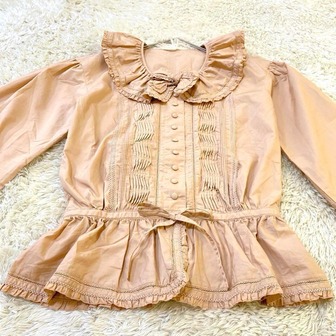 【美品】PINK HOUSE ピコフリル オーバーブラウス リボン くるみボタン 【美品】PINK HOUSE ピコフリル オーバーブラウス リボン くるみボタン