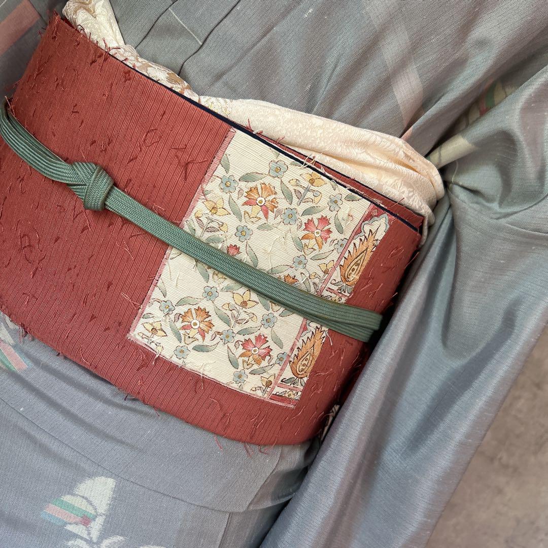 単衣紬フルセット着物春秋正絹可愛い花模様薄水色m2