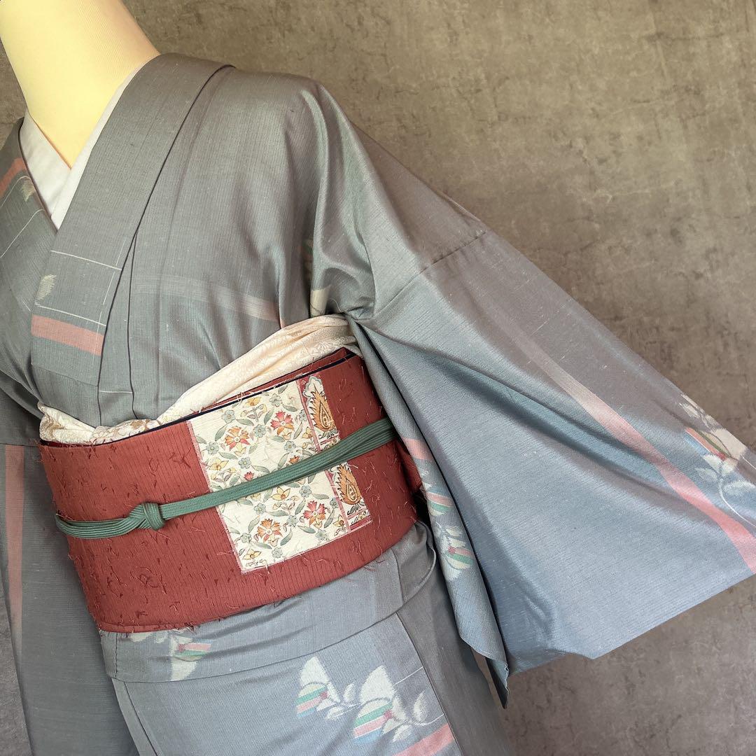 単衣紬フルセット着物春秋正絹可愛い花模様薄水色m2