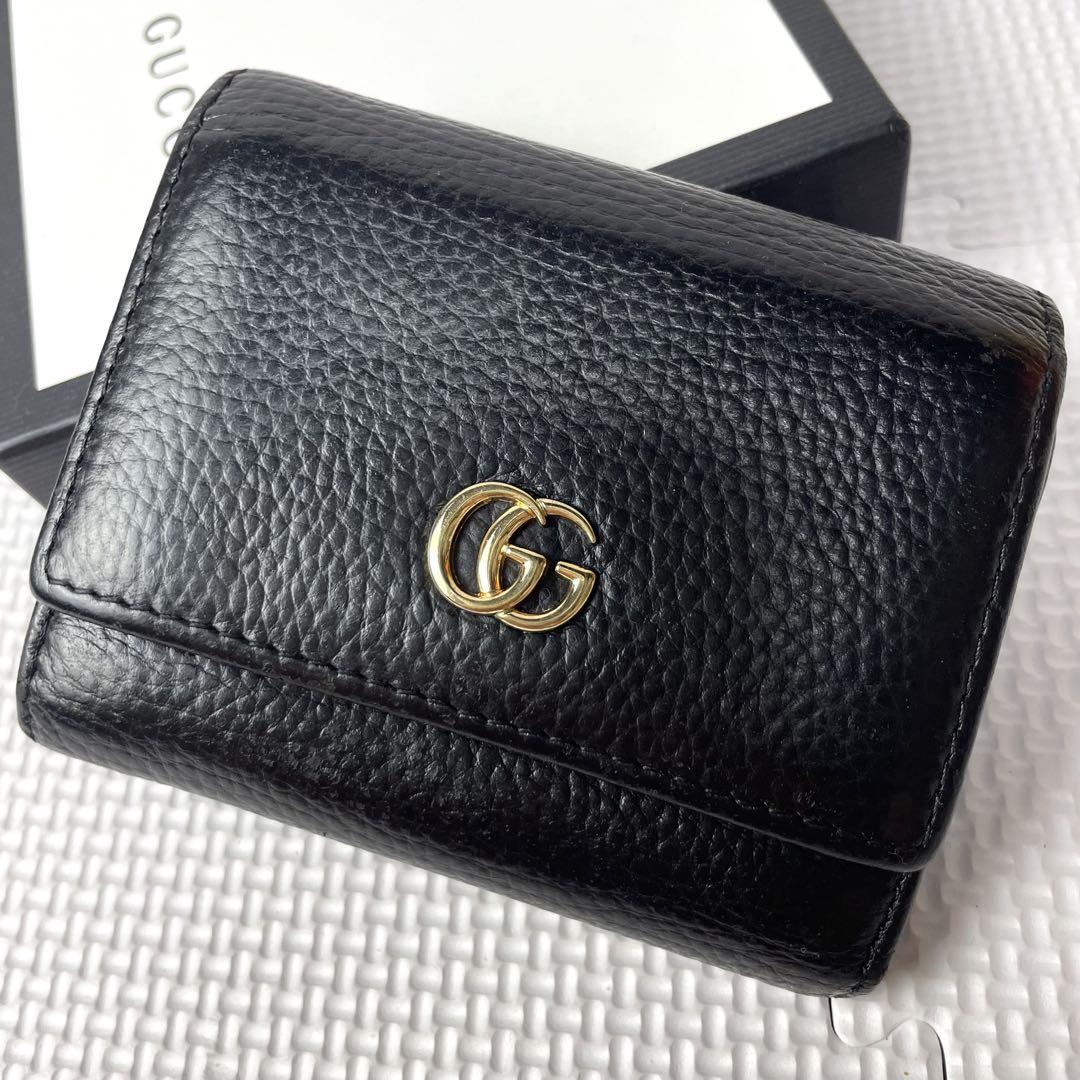 【美品✨】 GUCCI グッチ GGマーモント 三つ折り財布 ブラック 黒 美品 GUCCI グッチ 三つ折り財布 GGマーモント レザー シボ革 黒