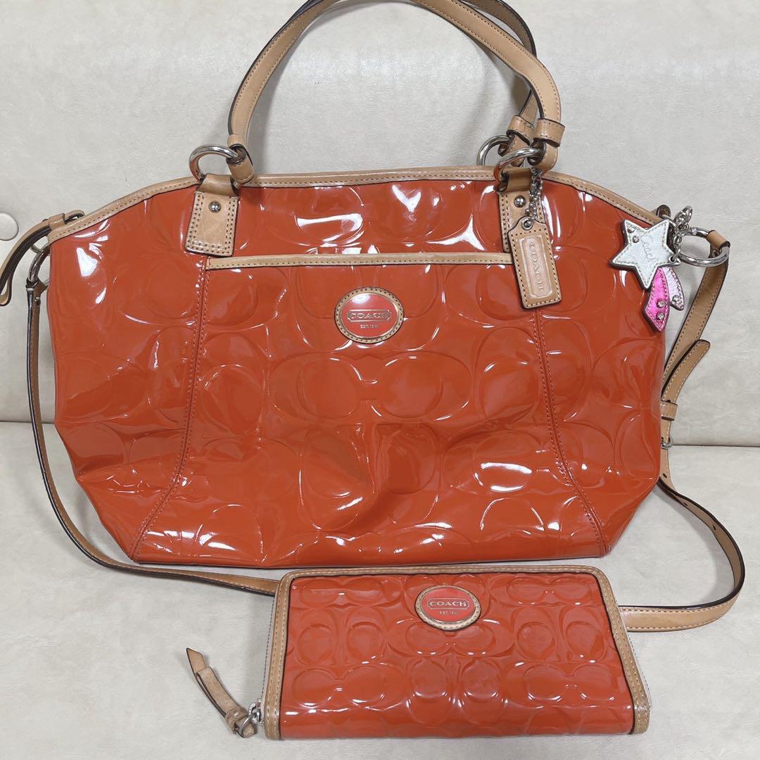 信頼も高い coachコーチショルダーバッグ、長財布セット エナメルオレンジ バッグ