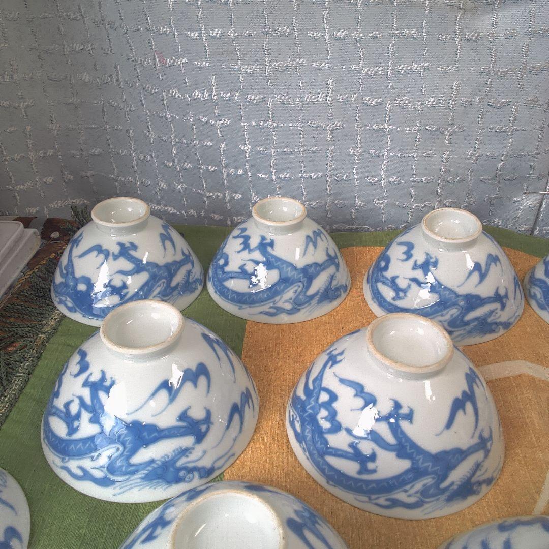 青いドラゴン模様 蓋付き茶碗 京焼？ 陶玉？ 2個ニューあります