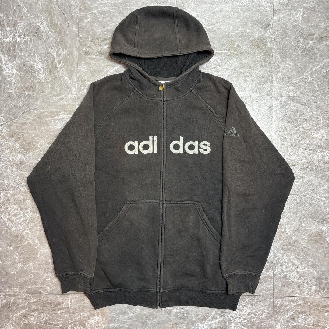 良フェード 90s adidas 万国旗タグ フルジップ パーカー ブラック LL Old adidas