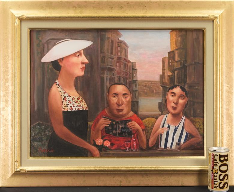 筧本生 油彩 肉筆『マルタ島のカフェ』表裏サイン 画廊シール P8 額 a582 画像2