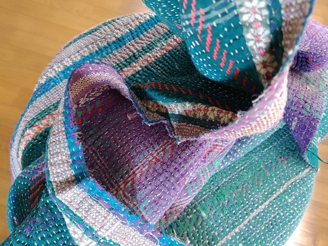 ✥パープル&グリーン インド カンタキルト ラリーキルト マルチカバー