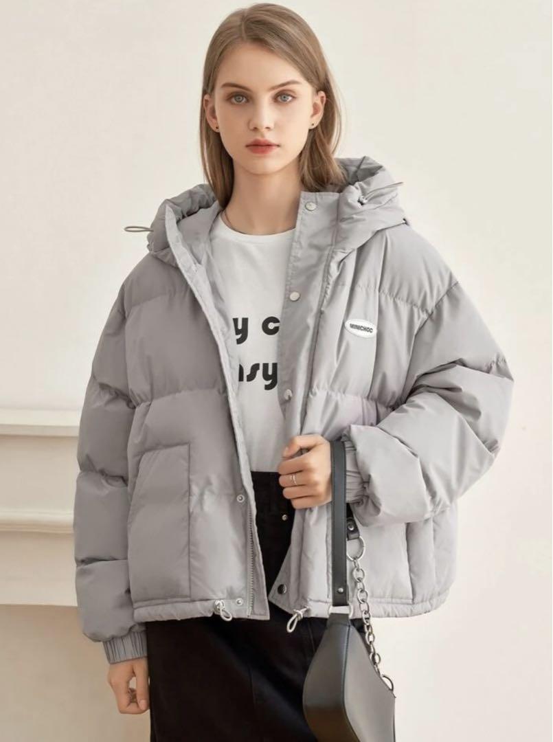 SHEIN シーイン フード付きダウンジャケット ライトグレー 韓国