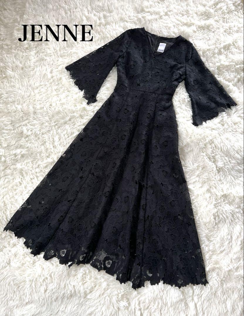 JENNE ジェンヌ 総レース8分フレア袖ワンピース Sサイズ ブラック