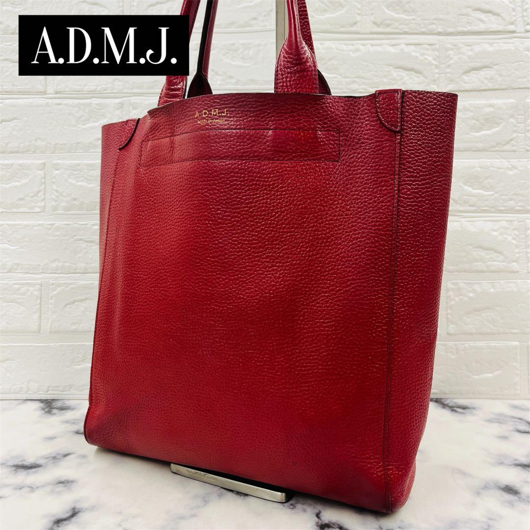 A.D.M.J. トートバッグ レザー シボ 本革 レッド A4収納