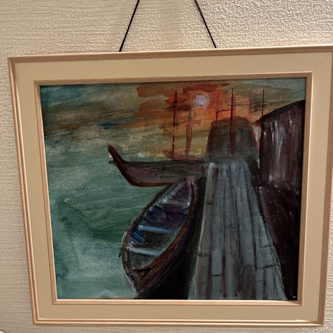 水彩画 夕日と船の風景（A Harbor pier. Gentle waves reflect
