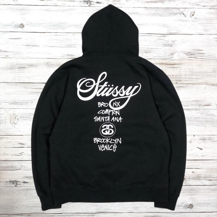 STUSSY パーカー デカロゴ ワールドツアー L ブラック 0707L・STUSSY