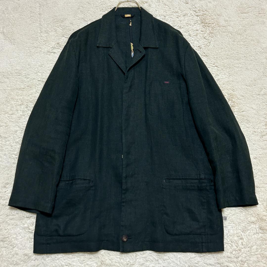 【美品】PAPAS カバーオール型　ジャケット　リネン100% L 日本製 Papas リネン100% カバーオール 比翼 パイピング裏地柄 Lサイズ