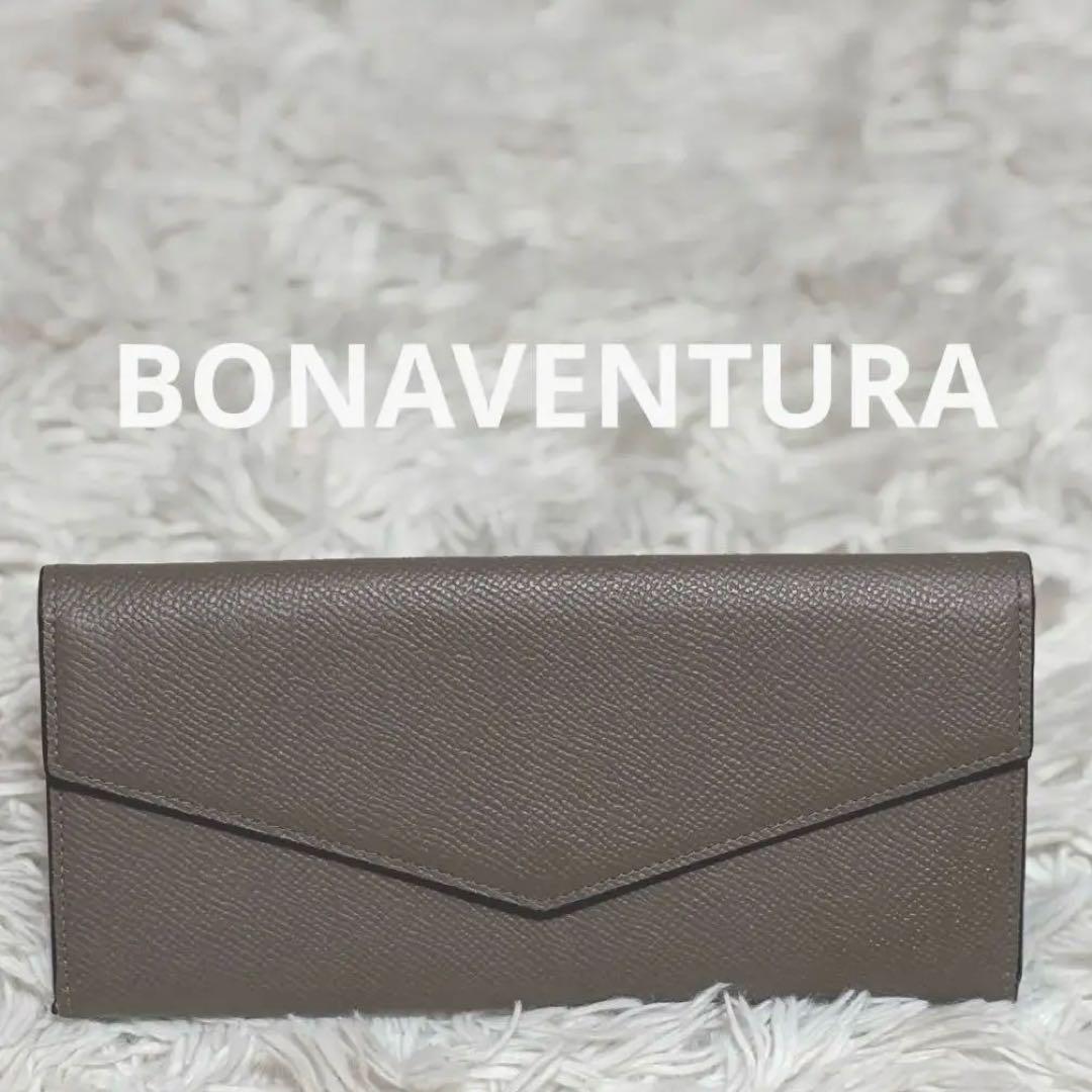美品 BONAVENTURA ボナペンチュラ 長財布 グレージュ エトープ ロングジップ ウォレット シュリンクレザー（財布