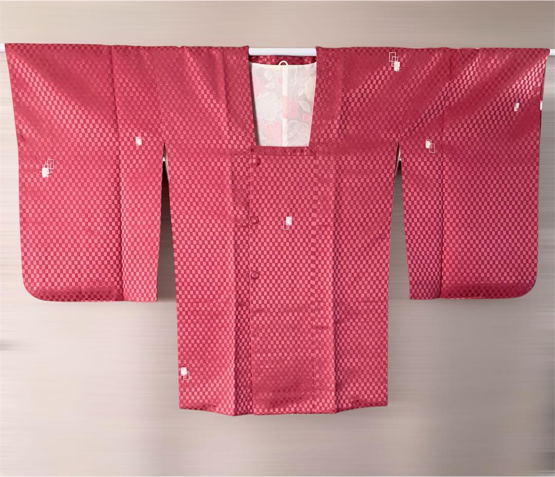 美品！　ローズピンク　市松地紋　道行コート　薔薇色　絞り　刺繍　正絹